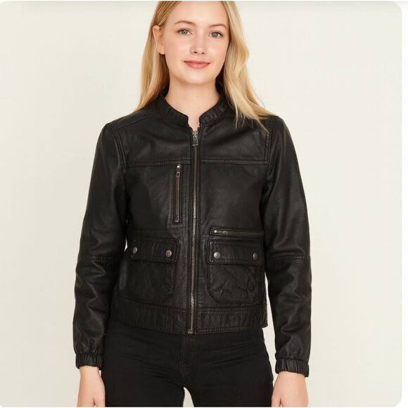 JOIE Leather bomber jacket zip front size small black lambskin buttery soft - Picture 1 of 8